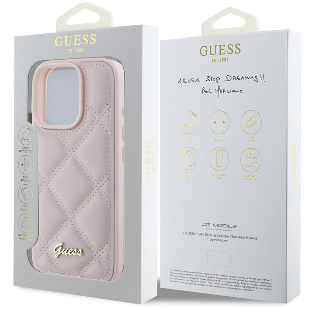 Deksel for Apple iPhone 16 Pro, Guess, Quilted Metal Logo, Rosa