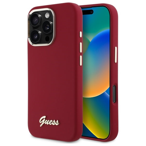 Deksel for Apple iPhone 16 Pro, Guess, Script Metal Logo, Rød