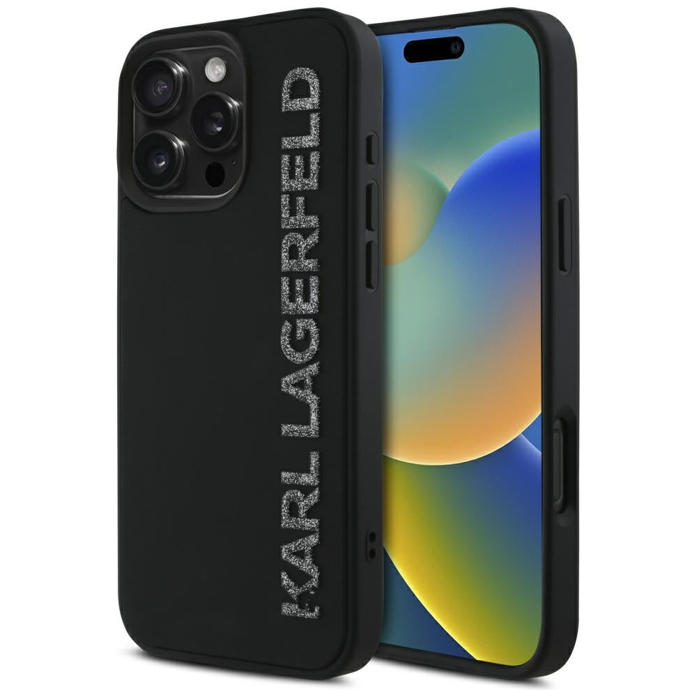 Deksel for Apple iPhone 16 Pro, Karl Lagerfeld, 3D Rubber Elongated Glitter Logo, Svart