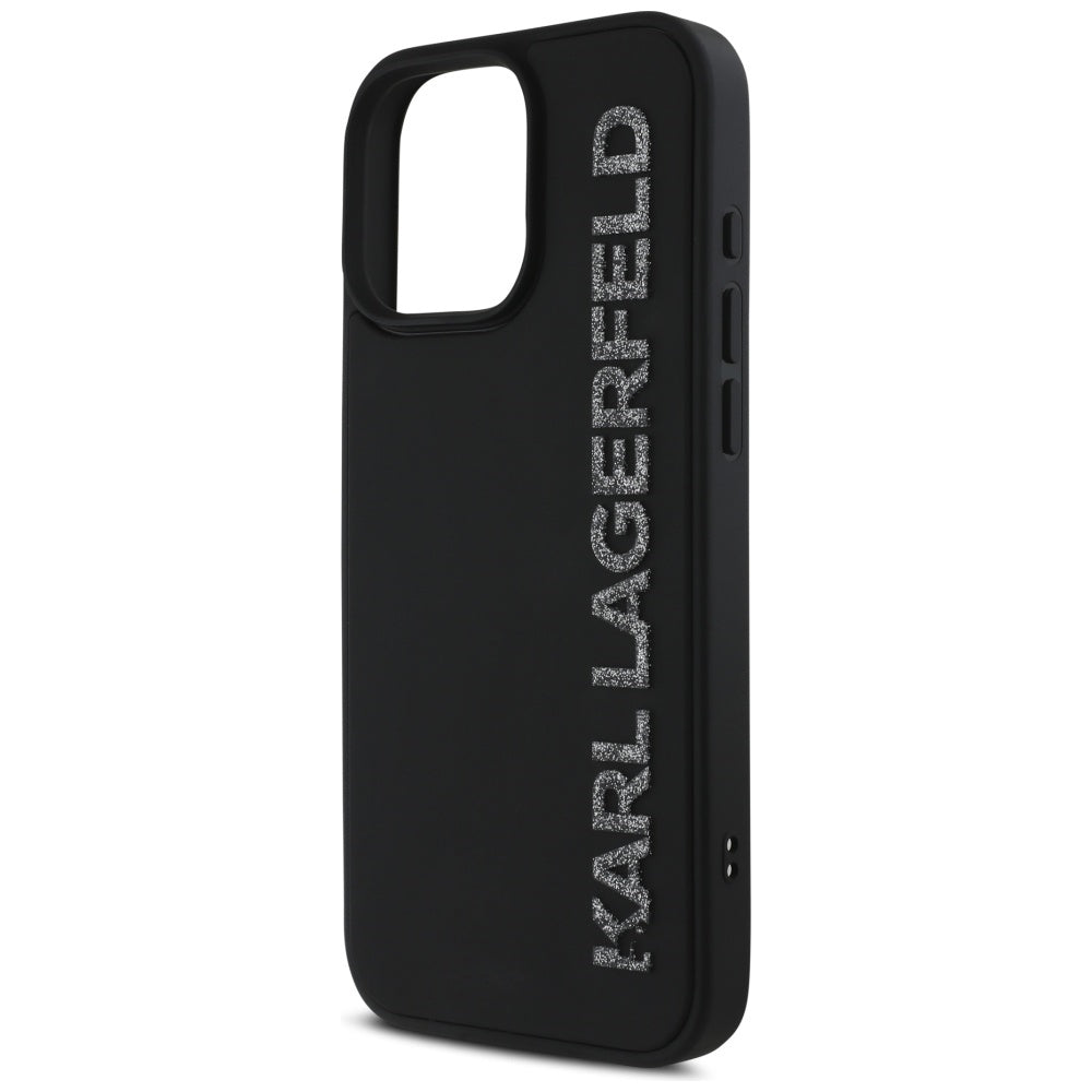 Deksel for Apple iPhone 16 Pro, Karl Lagerfeld, 3D Rubber Elongated Glitter Logo, Svart