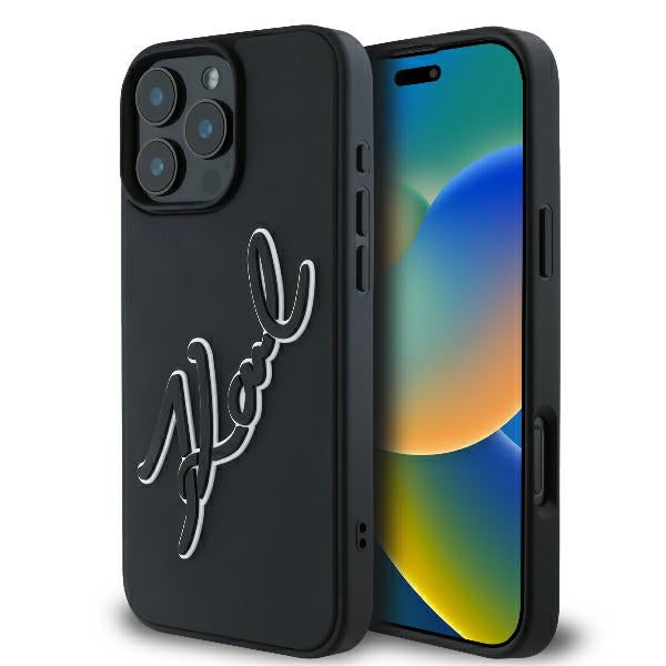 Deksel for Apple iPhone 16 Pro, Karl Lagerfeld, 3D Rubber Signature, Svart