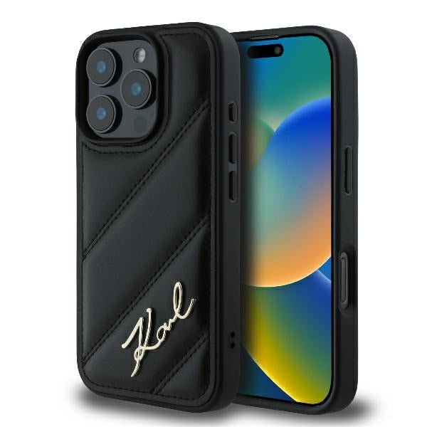 Deksel for Apple iPhone 16 Pro, Karl Lagerfeld, Diagonal Quilted Script, Svart