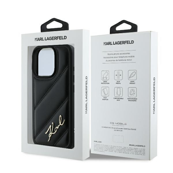 Deksel for Apple iPhone 16 Pro, Karl Lagerfeld, Diagonal Quilted Script, Svart