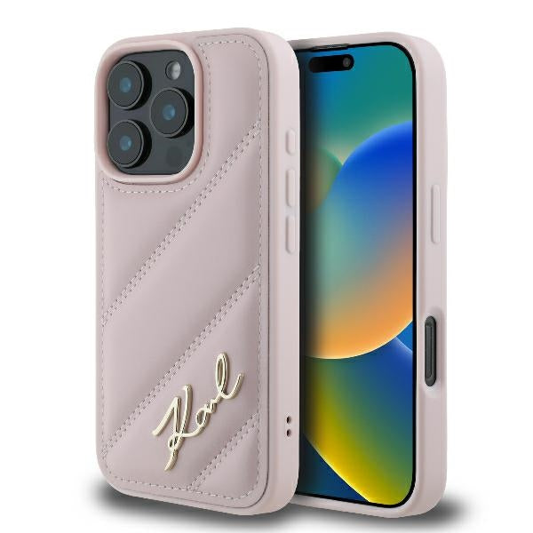 Deksel for Apple iPhone 16 Pro, Karl Lagerfeld, Diagonal Quilted Script, Rosa