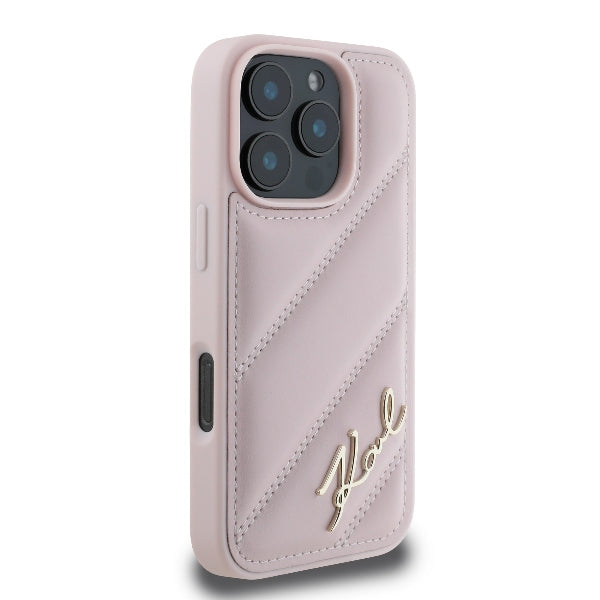 Deksel for Apple iPhone 16 Pro, Karl Lagerfeld, Diagonal Quilted Script, Rosa