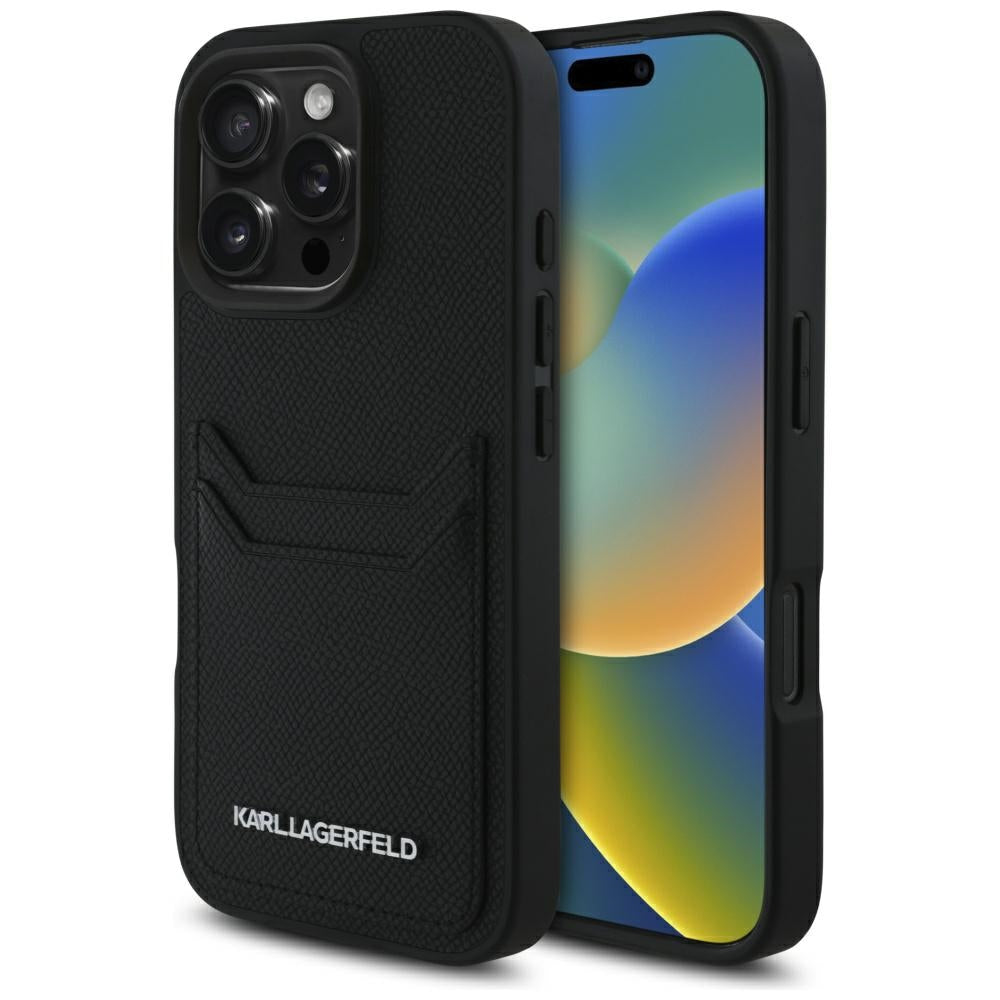 Deksel for Apple iPhone 16 Pro, Karl Lagerfeld, Grained Cardslots, Svart