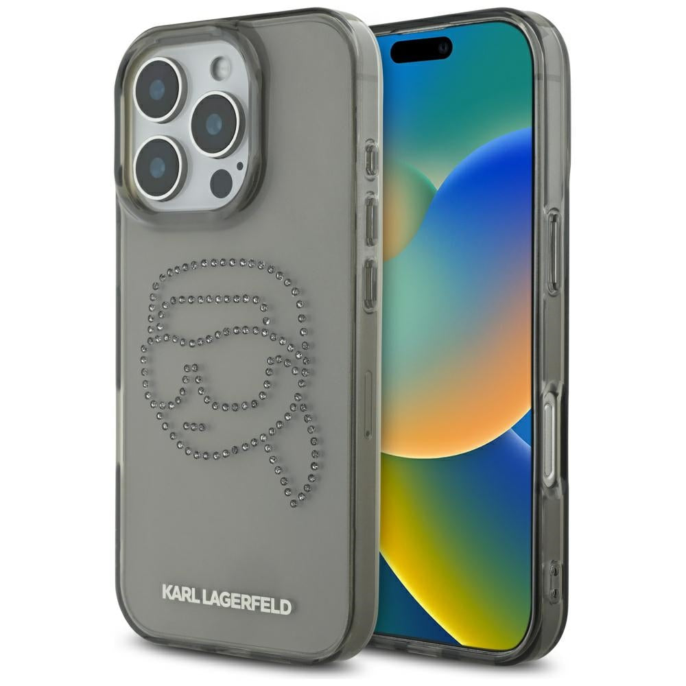 Deksel for Apple iPhone 16 Pro, Karl Lagerfeld, IML Rhinestones Karl's Head, Svart