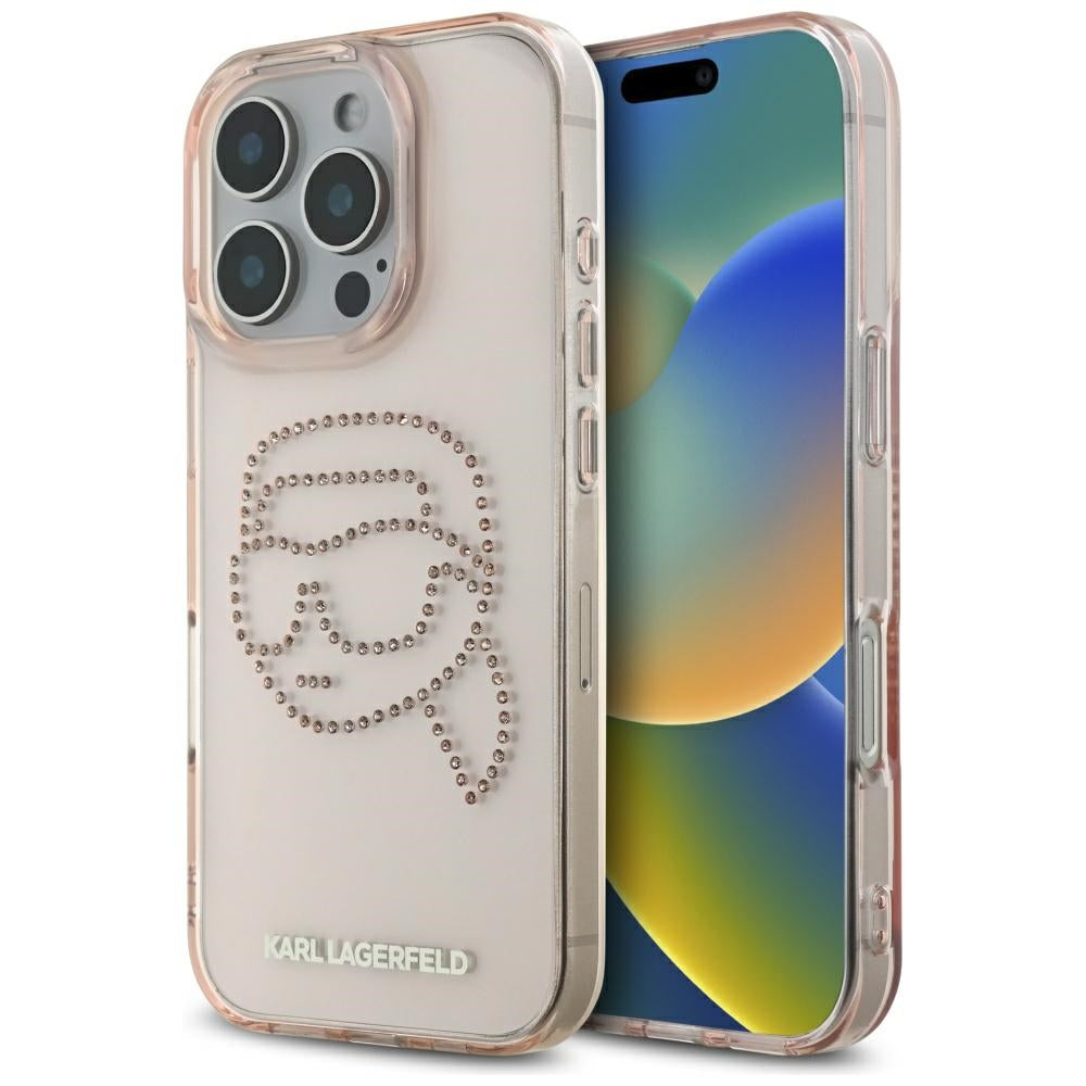 Deksel for Apple iPhone 16 Pro, Karl Lagerfeld, IML Rhinestones Karl's Head, Rosa