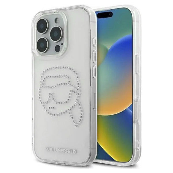 Deksel for Apple iPhone 16 Pro, Karl Lagerfeld, IML Rhinestones Karl's Head, Gjennomsiktig