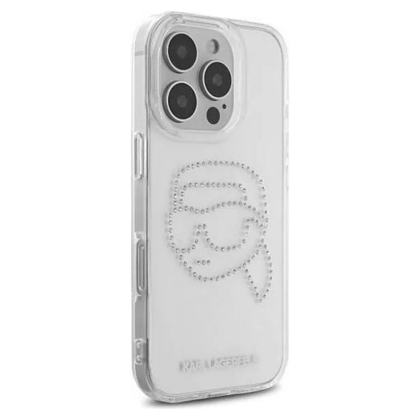 Deksel for Apple iPhone 16 Pro, Karl Lagerfeld, IML Rhinestones Karl's Head, Gjennomsiktig