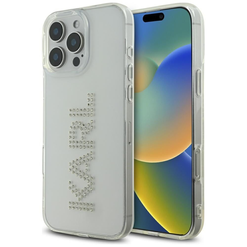 Deksel for Apple iPhone 16 Pro, Karl Lagerfeld, IML Rhinestones Transparent Logo, Gjennomsiktig
