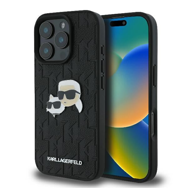 Deksel for Apple iPhone 16 Pro, Karl Lagerfeld, Monogram Karl & Choupette's Heads, Svart