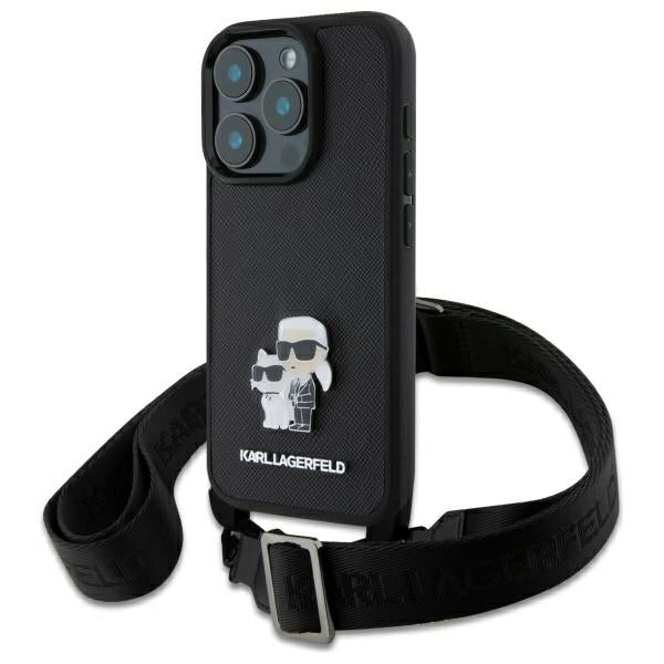 Deksel for Apple iPhone 16 Pro, Karl Lagerfeld, Saffiano Crossbody Metal Pin Karl & Choupette, Svart