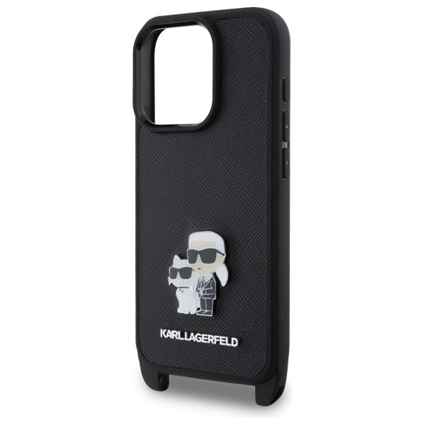Deksel for Apple iPhone 16 Pro, Karl Lagerfeld, Saffiano Crossbody Metal Pin Karl & Choupette, Svart