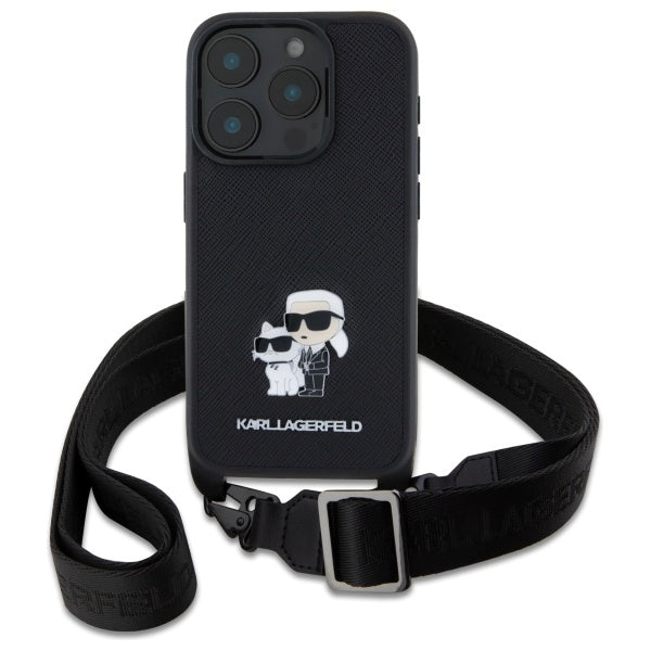 Deksel for Apple iPhone 16 Pro, Karl Lagerfeld, Saffiano Crossbody Metal Pin Karl & Choupette, Svart