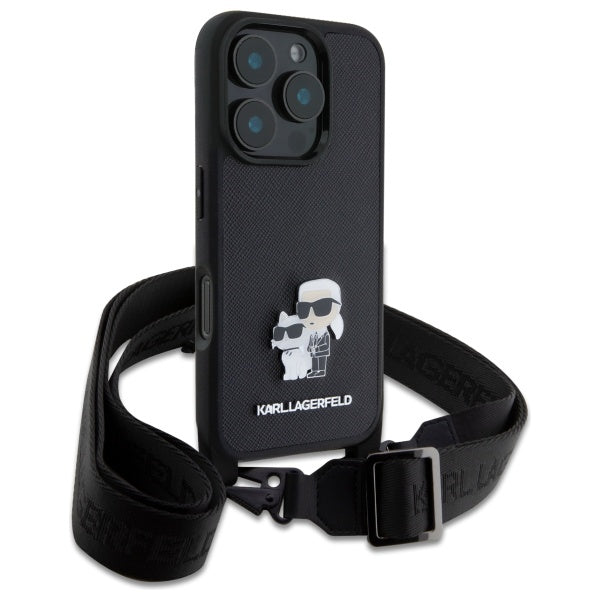 Deksel for Apple iPhone 16 Pro, Karl Lagerfeld, Saffiano Crossbody Metal Pin Karl & Choupette, Svart