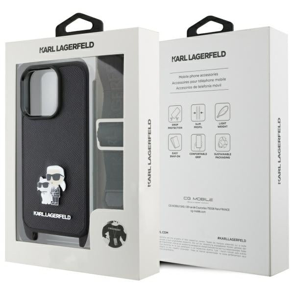 Deksel for Apple iPhone 16 Pro, Karl Lagerfeld, Saffiano Crossbody Metal Pin Karl & Choupette, Svart