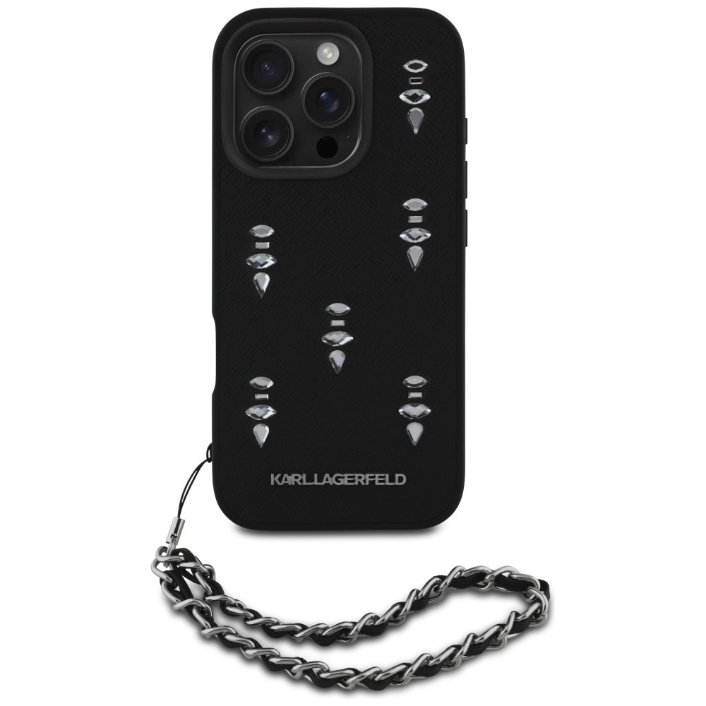 Deksel for Apple iPhone 16 Pro, Karl Lagerfeld, Saffiano Crystals & Charm, Svart