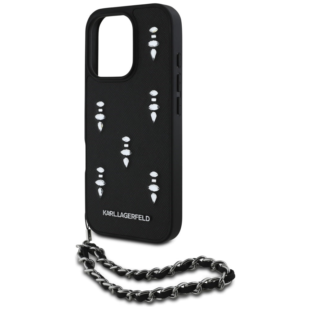 Deksel for Apple iPhone 16 Pro, Karl Lagerfeld, Saffiano Crystals & Charm, Svart