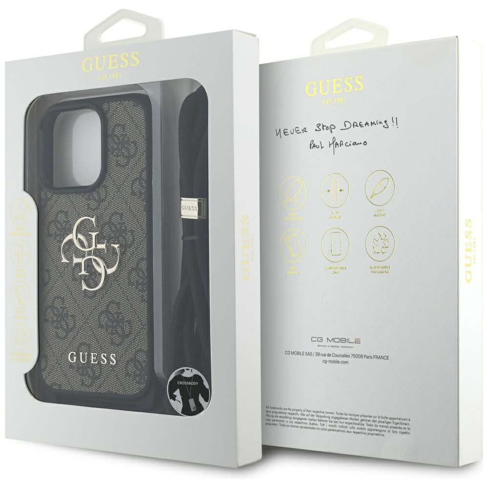 Deksel for Apple iPhone 16 Pro Max, Guess, 4G CBDY Big Logo with Cord Strap, Brun