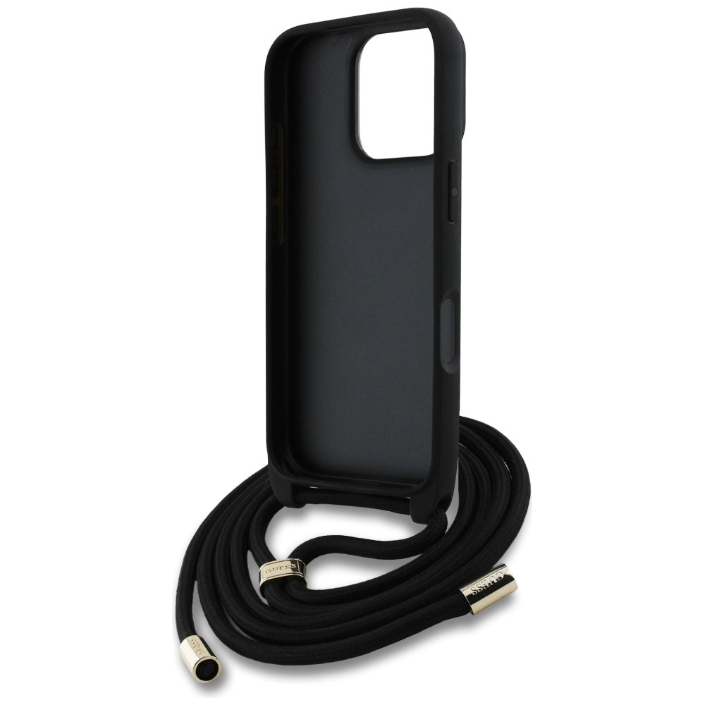 Deksel for Apple iPhone 16 Pro Max, Guess, 4G CBDY Big Logo with Cord Strap, Svart