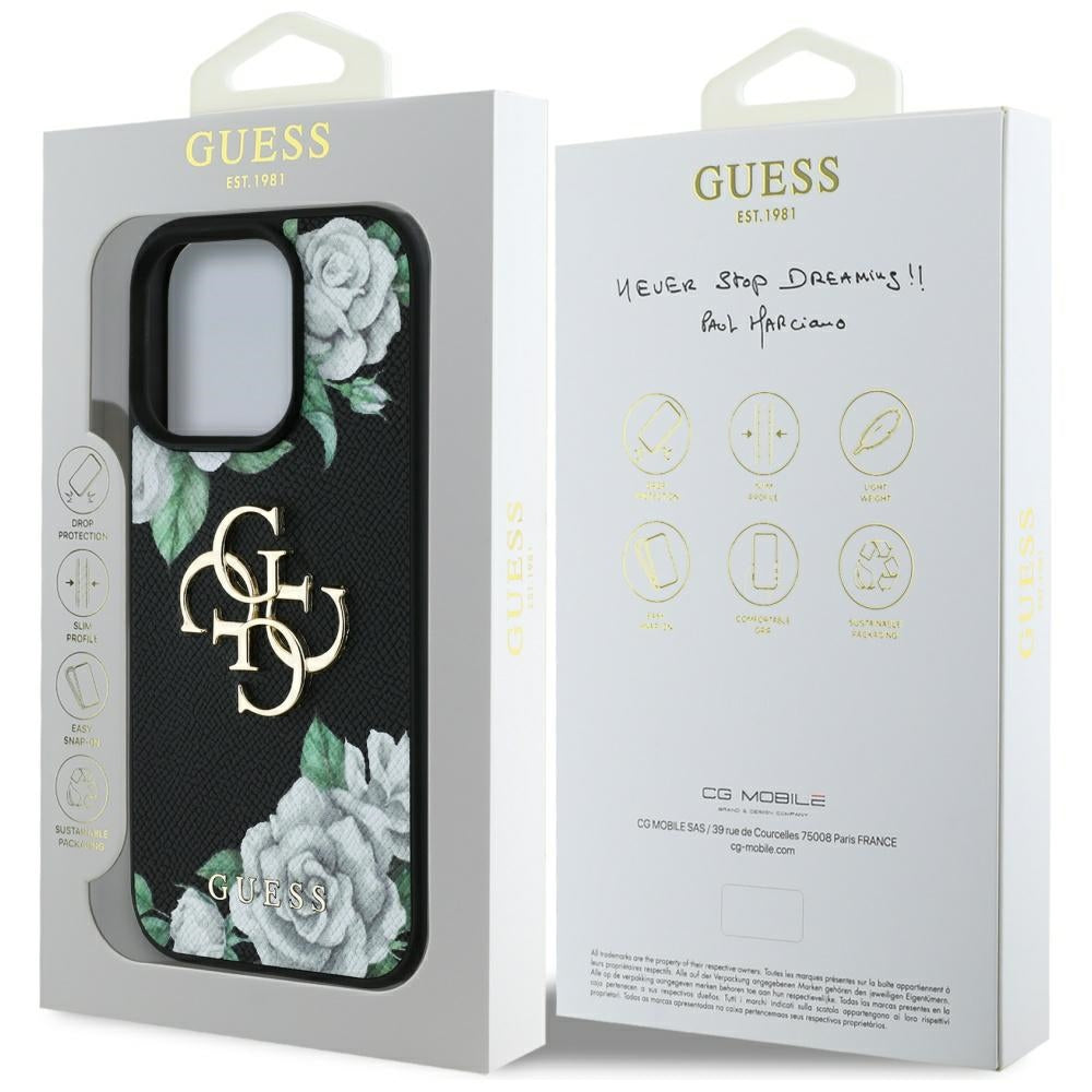 Deksel for Apple iPhone 16 Pro Max, Guess, 4G Grained Roses Big Logo, Svart