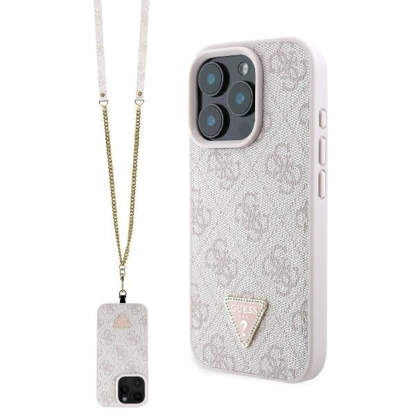 Deksel for Apple iPhone 16 Pro Max, Guess, Crossbody 4G Triangle Strass, Rosa