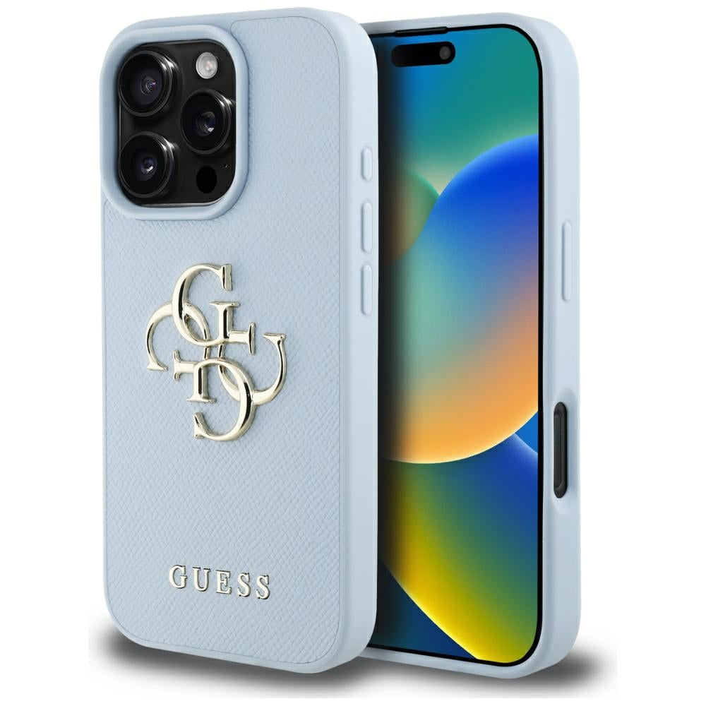 Deksel for Apple iPhone 16 Pro Max, Guess, Grained Big 4G Logo Small Classic Logo, Blå
