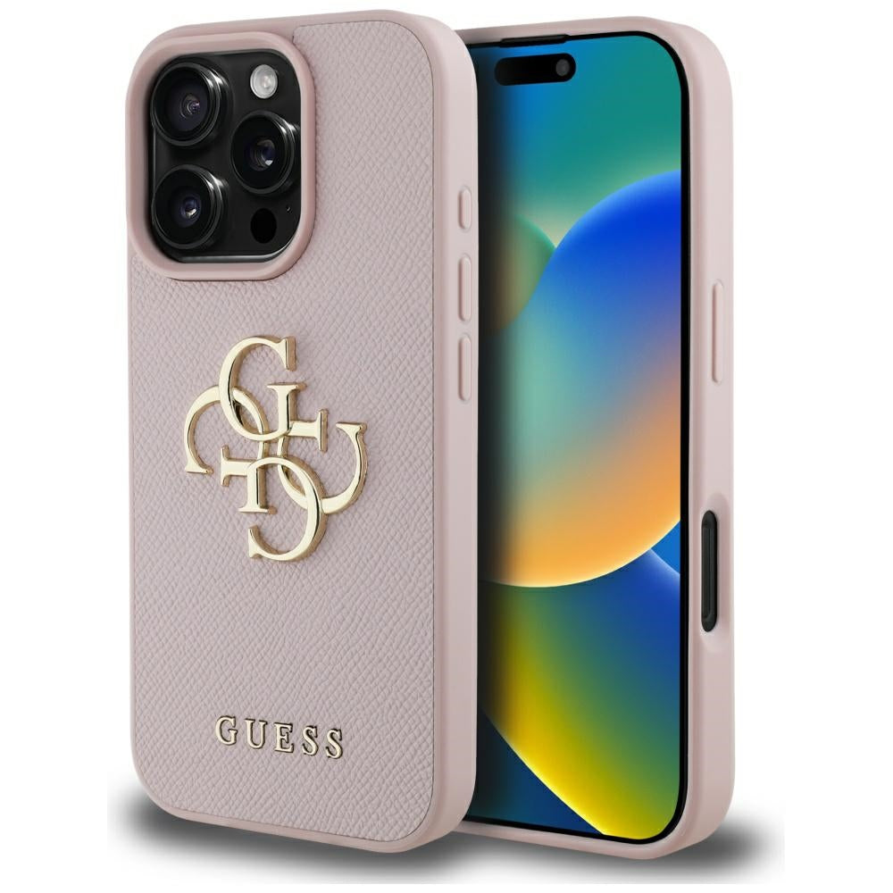 Deksel for Apple iPhone 16 Pro Max, Guess, Grained Big 4G Logo Small Classic Logo, Rosa