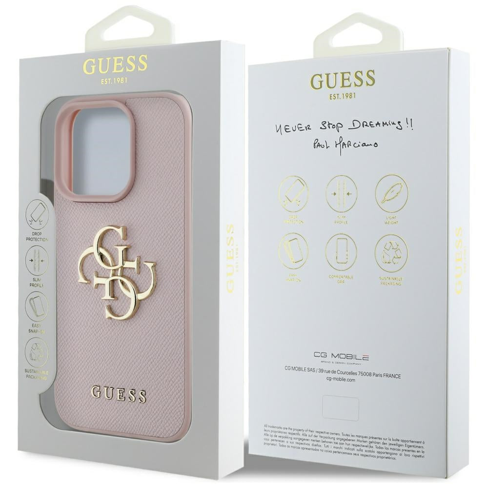 Deksel for Apple iPhone 16 Pro Max, Guess, Grained Big 4G Logo Small Classic Logo, Rosa