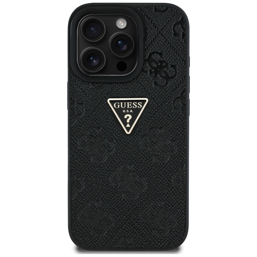 Deksel for Apple iPhone 16 Pro Max, Guess, Hot Stamp 4G Pattern Triangle Logo, Svart