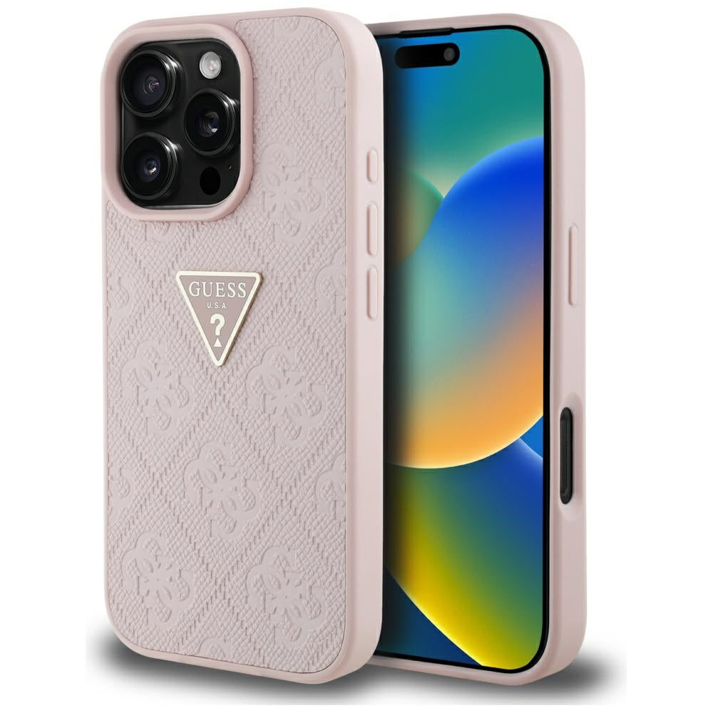 Deksel for Apple iPhone 16 Pro Max, Guess, Hot Stamp 4G Pattern Triangle Logo, Rosa