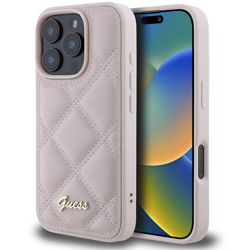 Deksel for Apple iPhone 16 Pro Max, Guess, Quilted Metal Logo, Rosa