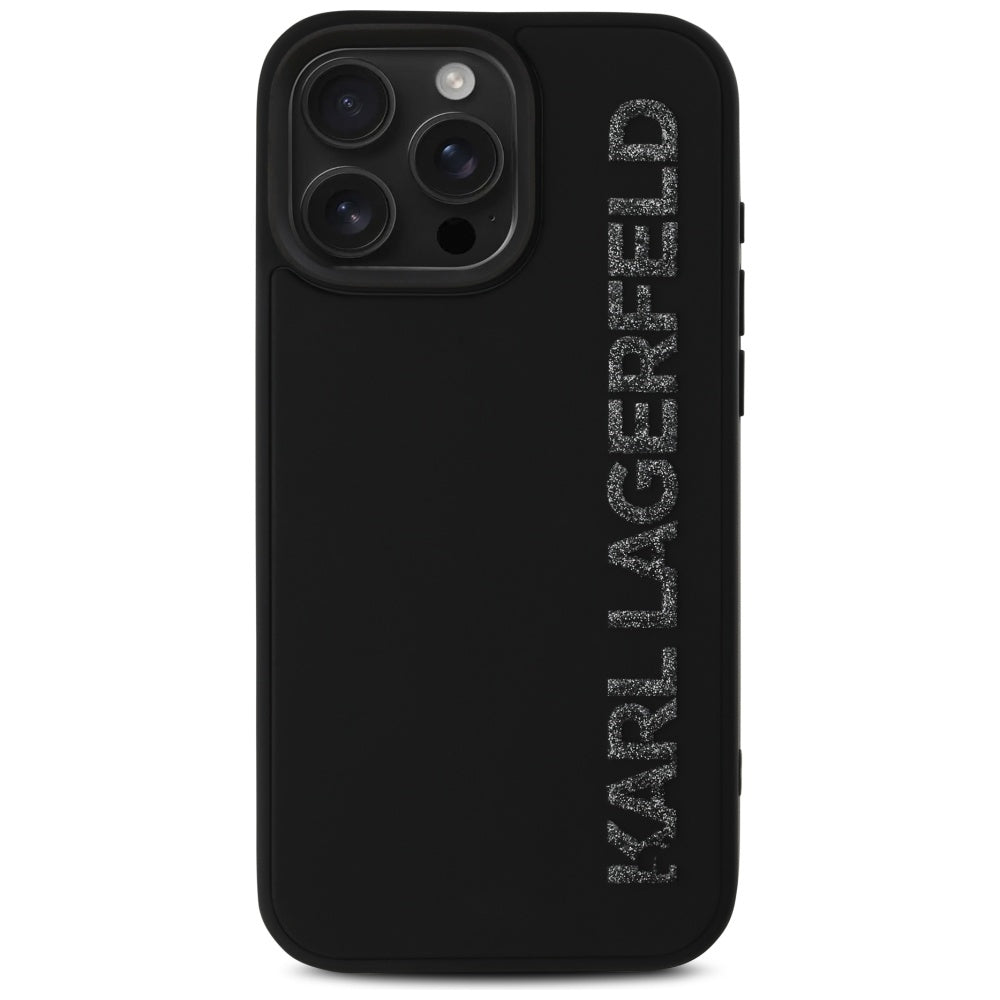 Deksel for Apple iPhone 16 Pro Max, Karl Lagerfeld, 3D Rubber Elongated Glitter Logo, Svart