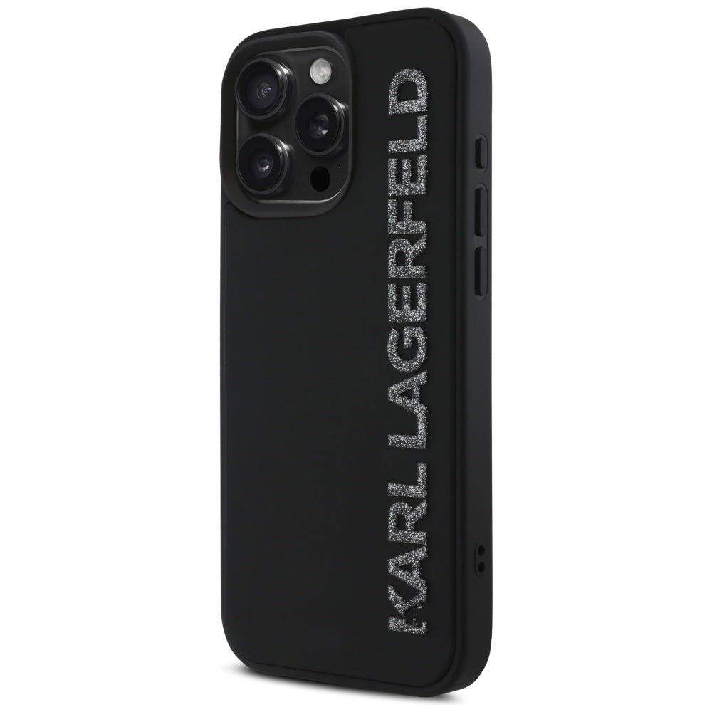 Deksel for Apple iPhone 16 Pro Max, Karl Lagerfeld, 3D Rubber Elongated Glitter Logo, Svart
