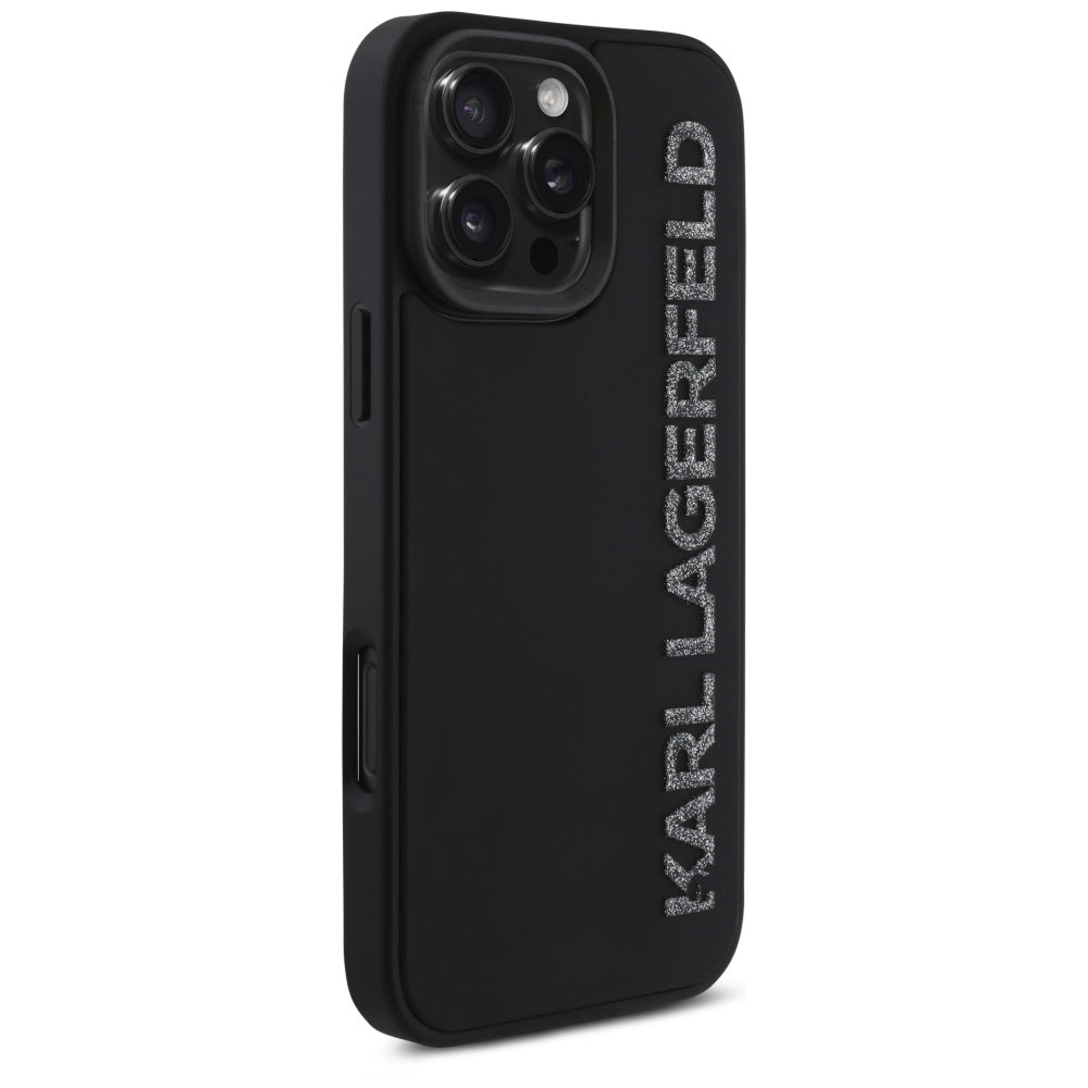 Deksel for Apple iPhone 16 Pro Max, Karl Lagerfeld, 3D Rubber Elongated Glitter Logo, Svart