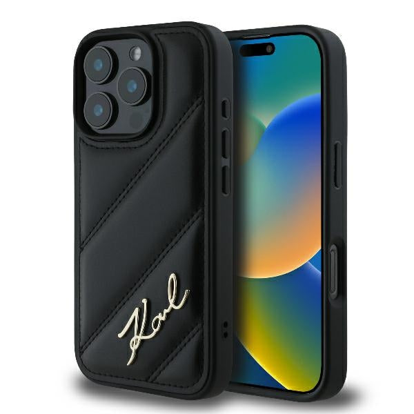 Deksel for Apple iPhone 16 Pro Max, Karl Lagerfeld, Diagonal Quilted Script, Svart
