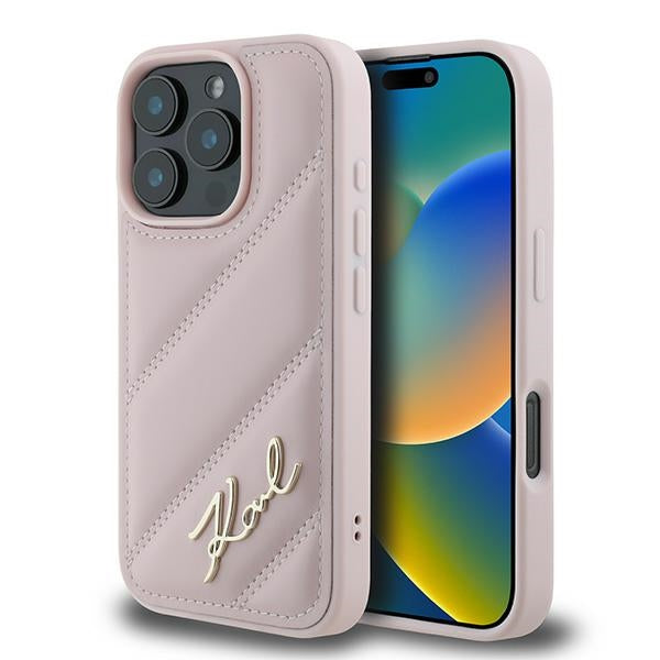 Deksel for Apple iPhone 16 Pro Max, Karl Lagerfeld, Diagonal Quilted Script, Rosa