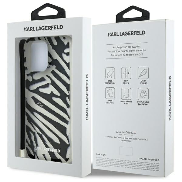Deksel for Apple iPhone 16 Pro Max, Karl Lagerfeld, IML Luxury Zebra Pattern with Strap, Svart