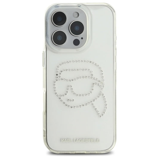 Deksel for Apple iPhone 16 Pro Max, Karl Lagerfeld, IML Rhinestones Karl's Head, Gjennomsiktig