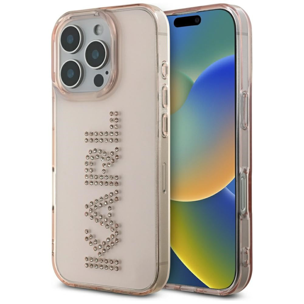 Deksel for Apple iPhone 16 Pro Max, Karl Lagerfeld, IML Rhinestones Pink Logo, Rosa