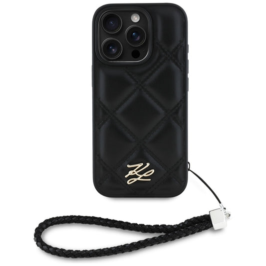 Deksel for Apple iPhone 16 Pro Max, Karl Lagerfeld, Quilted Initial Logo & Chain Strap, Svart