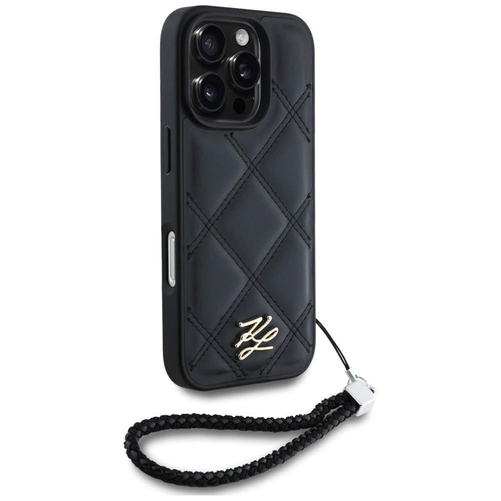 Deksel for Apple iPhone 16 Pro Max, Karl Lagerfeld, Quilted Initial Logo & Chain Strap, Svart