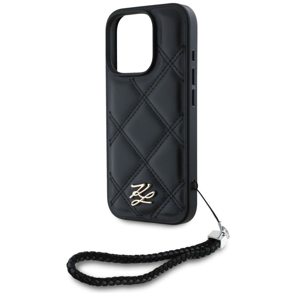 Deksel for Apple iPhone 16 Pro Max, Karl Lagerfeld, Quilted Initial Logo & Chain Strap, Svart