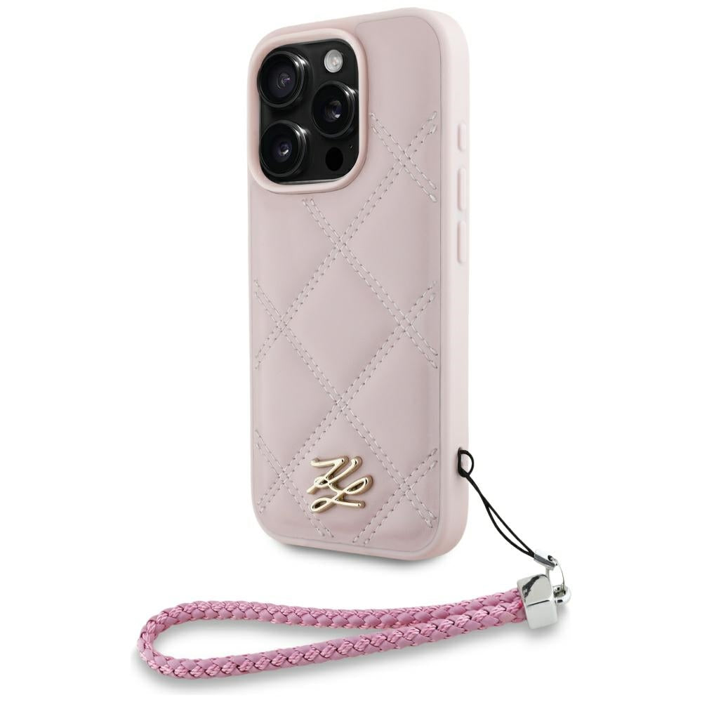 Deksel for Apple iPhone 16 Pro Max, Karl Lagerfeld, Quilted Initial Logo & Chain Strap, Rosa