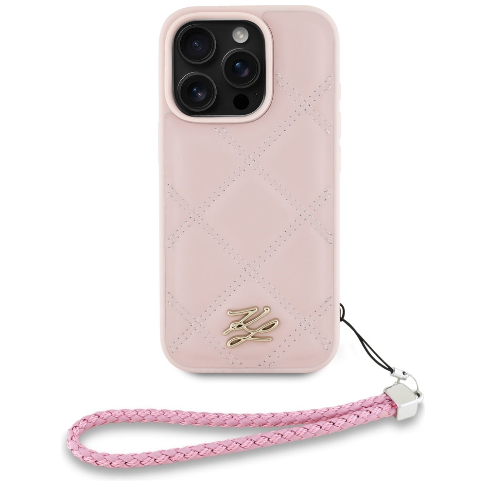Deksel for Apple iPhone 16 Pro Max, Karl Lagerfeld, Quilted Initial Logo & Chain Strap, Rosa