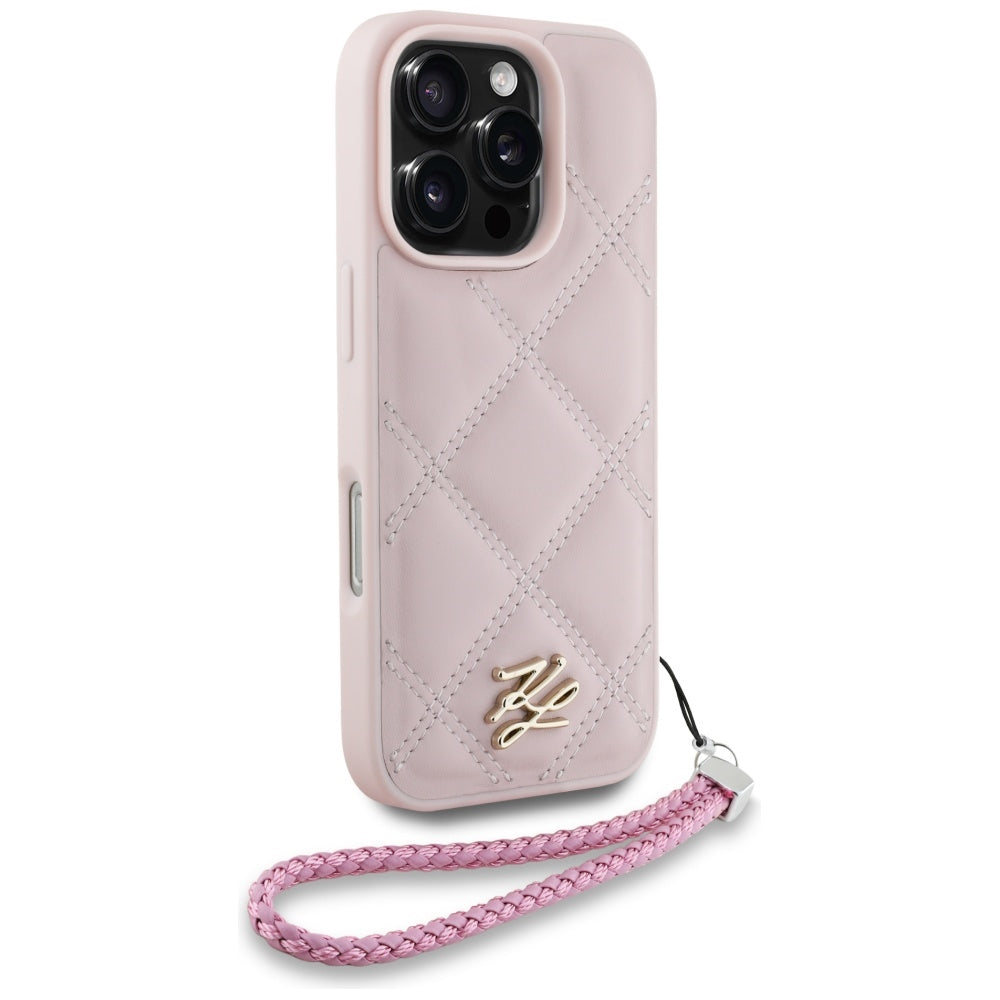 Deksel for Apple iPhone 16 Pro Max, Karl Lagerfeld, Quilted Initial Logo & Chain Strap, Rosa
