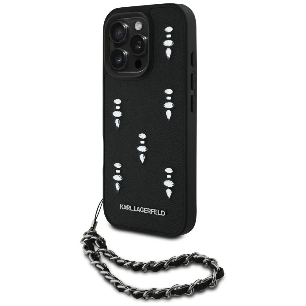 Deksel for Apple iPhone 16 Pro Max, Karl Lagerfeld, Saffiano Crystals & Charm, Svart