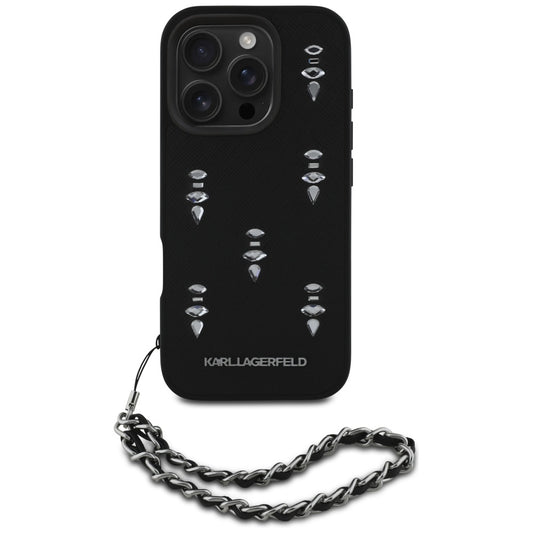 Deksel for Apple iPhone 16 Pro Max, Karl Lagerfeld, Saffiano Crystals & Charm, Svart