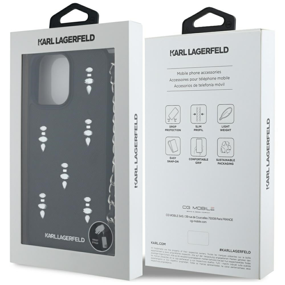 Deksel for Apple iPhone 16 Pro Max, Karl Lagerfeld, Saffiano Crystals & Charm, Svart